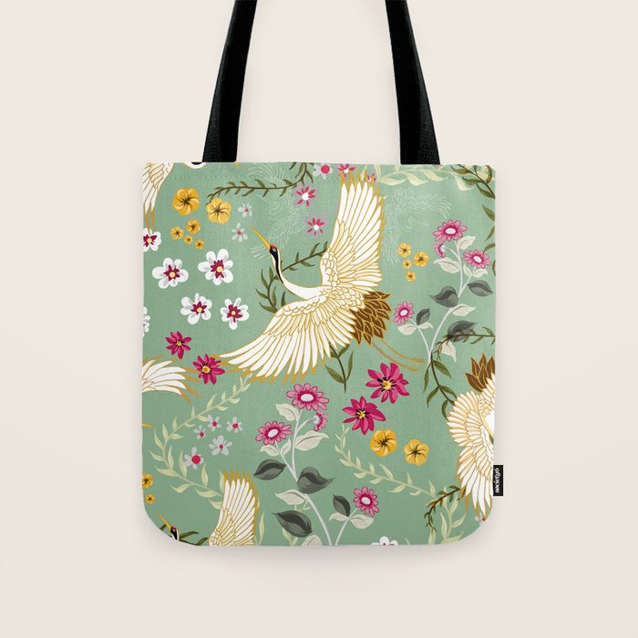 Chinoiserie Cranes on green birds vintage Tote Bag Gallery Image 1