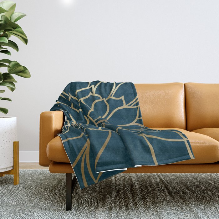 Festive, Floral Prints, Line Art, Dark Teal and Gold Throw Blanket Gallery Image 1
