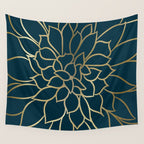 Festive, Floral Prints, Line Art, Dark Teal and Gold Wall Tapestry Gallery Image 4