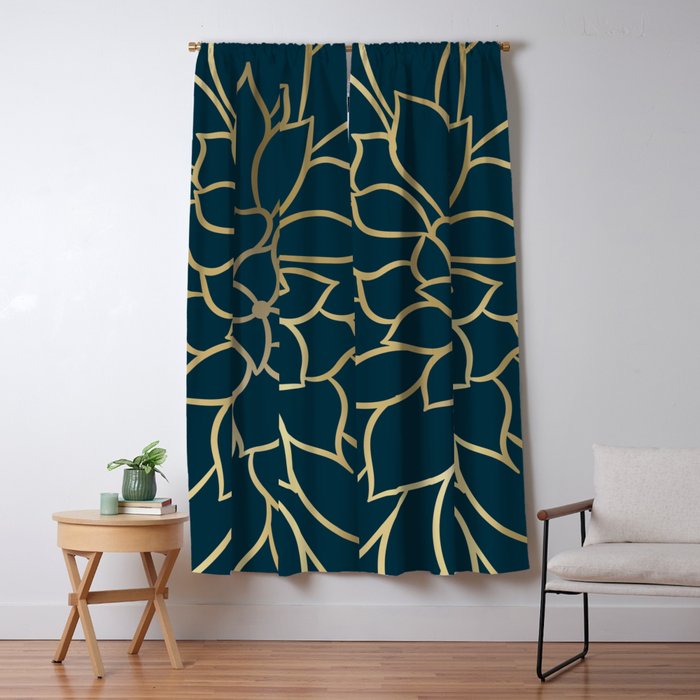 Festive, Floral Prints, Line Art, Dark Teal and Gold Window Curtain Gallery Image 5