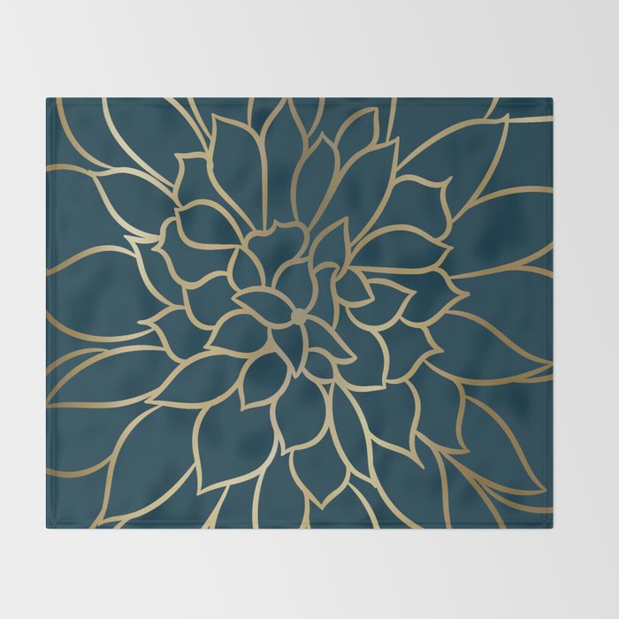 Festive, Floral Prints, Line Art, Dark Teal and Gold Throw Blanket Gallery Image 2