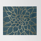 Festive, Floral Prints, Line Art, Dark Teal and Gold Throw Blanket Gallery Image 2