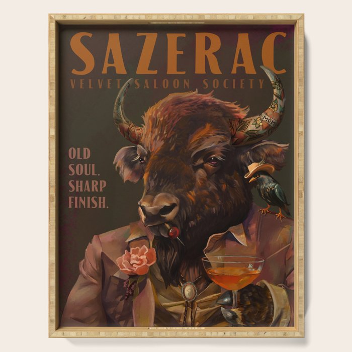 Sazerac Cocktail Art Of A Buffalo, Vintage Alcohol Wall Art For Bar, Kitchen, Man Cave Serving Tray Gallery Image 1