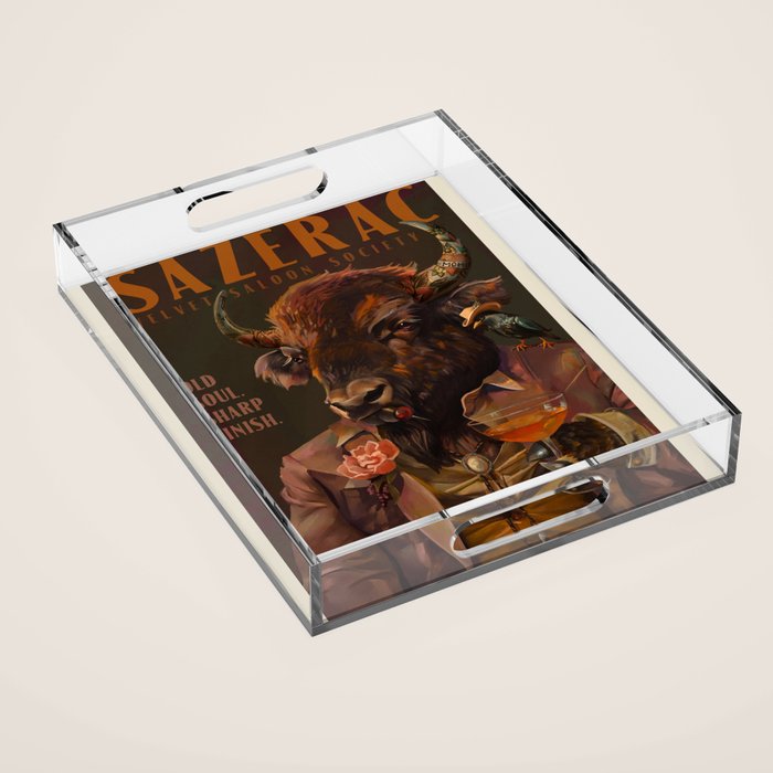 Sazerac Cocktail Art Of A Buffalo, Vintage Alcohol Wall Art For Bar, Kitchen, Man Cave Acrylic Tray Gallery Image 1