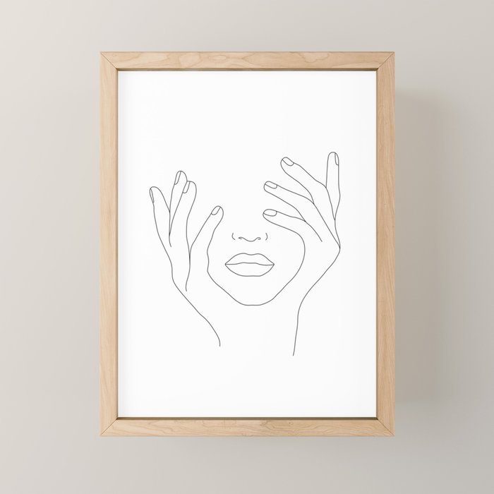 Minimal Line Art Woman with Hands on Face Mini Art Print Gallery Image 1