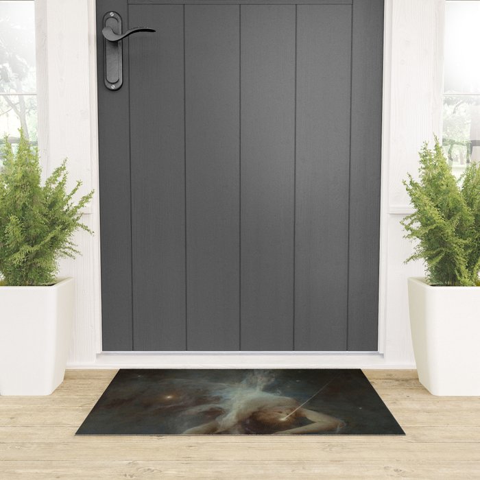 Celestial Dreamscape Woman Floating Among Stars Welcome Mat Gallery Image 3