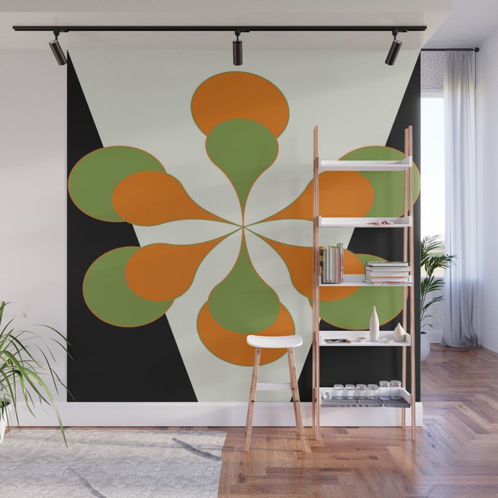 Mid-Century Modern Art 1.4 - Green & Orange Flower Wall Mural
