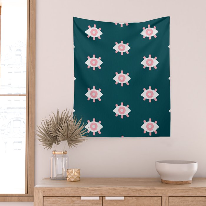 Evil Eye Dots - Teal & Pink Wall Tapestry Gallery Image 2