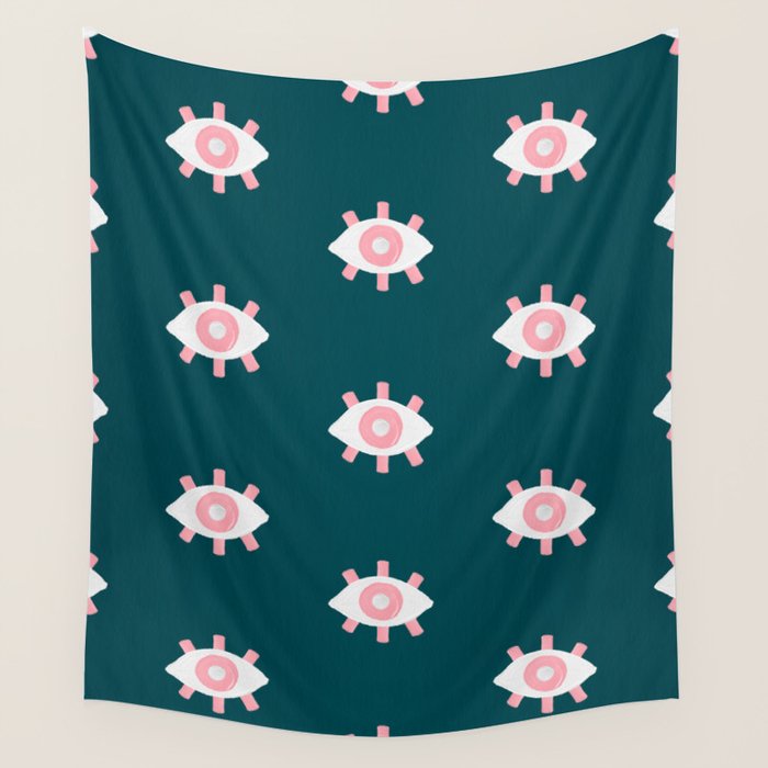 Evil Eye Dots - Teal & Pink Wall Tapestry Gallery Image 1