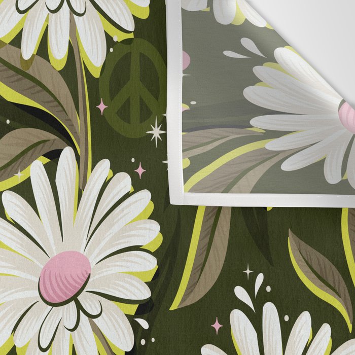Drippy Daisy Dreamscape - Pink on Olive Wall Tapestry Gallery Image 3