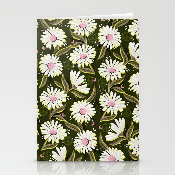 Drippy Daisy Dreamscape - Pink on Olive Stationery Card Gallery Image 1