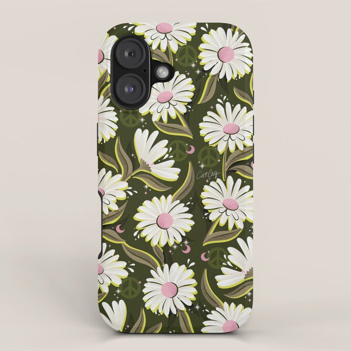 Drippy Daisy Dreamscape - Pink on Olive iPhone Case Gallery Image 1