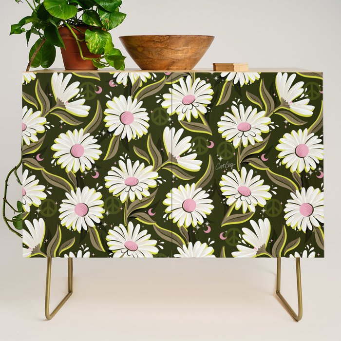 Drippy Daisy Dreamscape - Pink on Olive Credenza Gallery Image 1