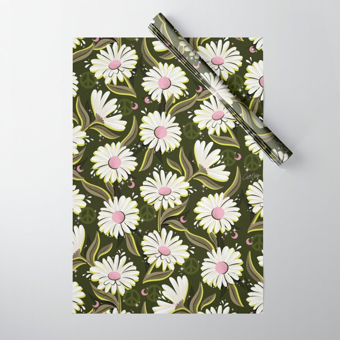 Drippy Daisy Dreamscape - Pink on Olive Wrapping Paper Gallery Image 1