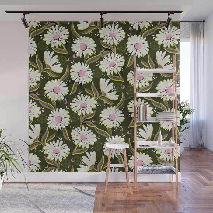 Drippy Daisy Dreamscape - Pink on Olive Wall Mural Gallery Image 1