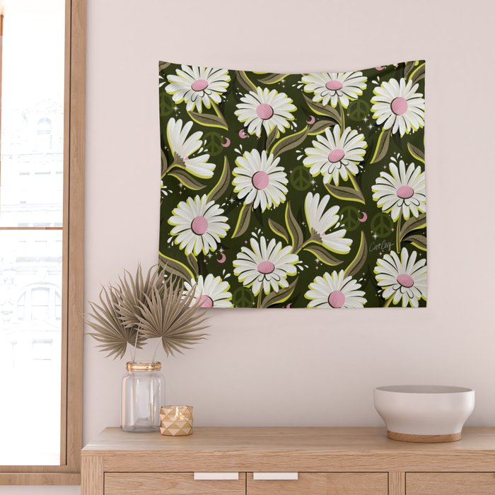 Drippy Daisy Dreamscape - Pink on Olive Wall Tapestry Gallery Image 2