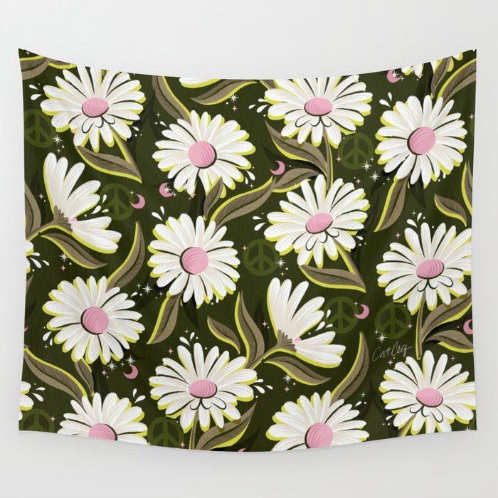 Drippy Daisy Dreamscape - Pink on Olive Wall Tapestry Gallery Image 4