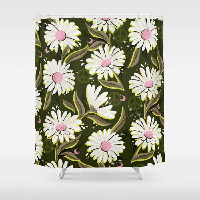 Drippy Daisy Dreamscape - Pink on Olive Shower Curtain Gallery Image 1
