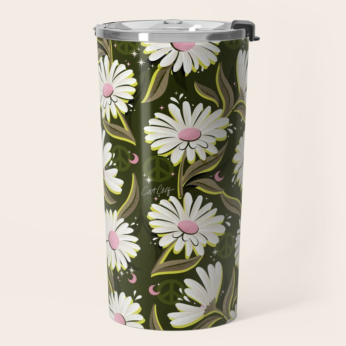 Drippy Daisy Dreamscape - Pink on Olive Travel Mug Gallery Image 2