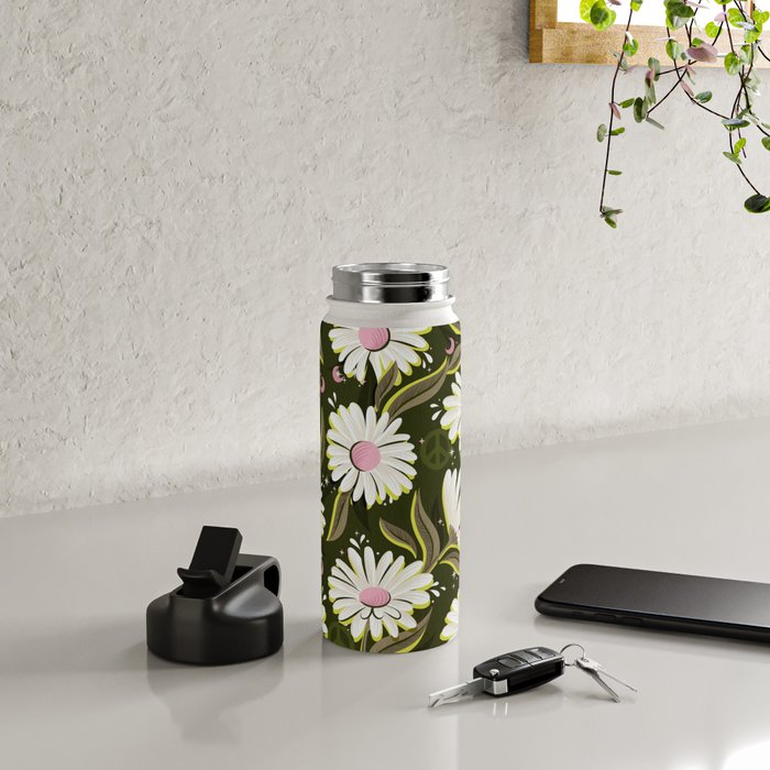 Drippy Daisy Dreamscape - Pink on Olive Water Bottle Gallery Image 4