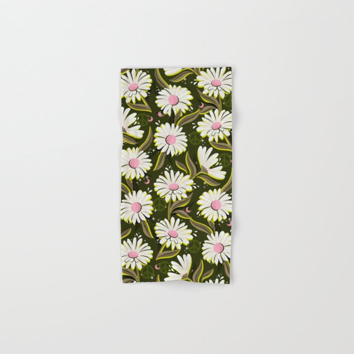 Drippy Daisy Dreamscape - Pink on Olive Bath Towel Gallery Image 1
