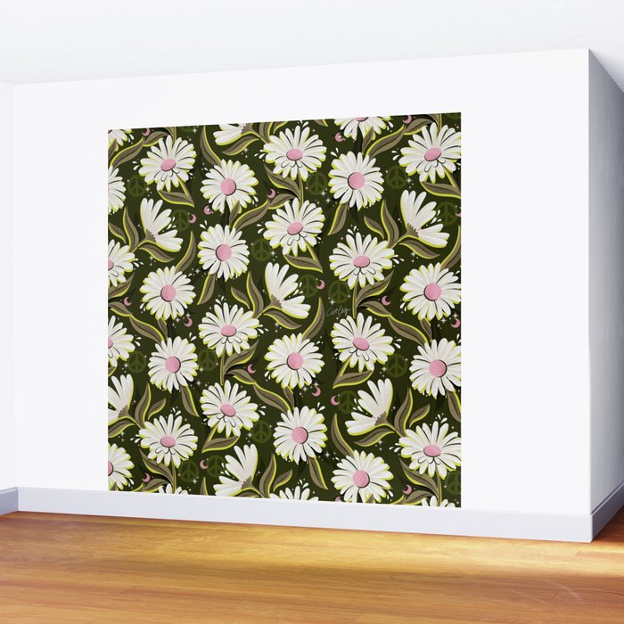 Drippy Daisy Dreamscape - Pink on Olive Wall Mural Gallery Image 2