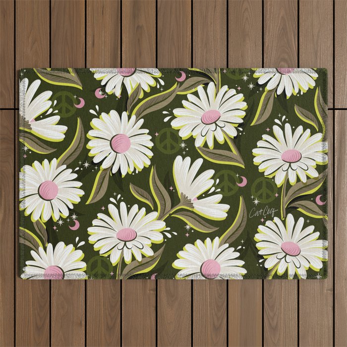 Drippy Daisy Dreamscape - Pink on Olive Outdoor Rug Gallery Image 1