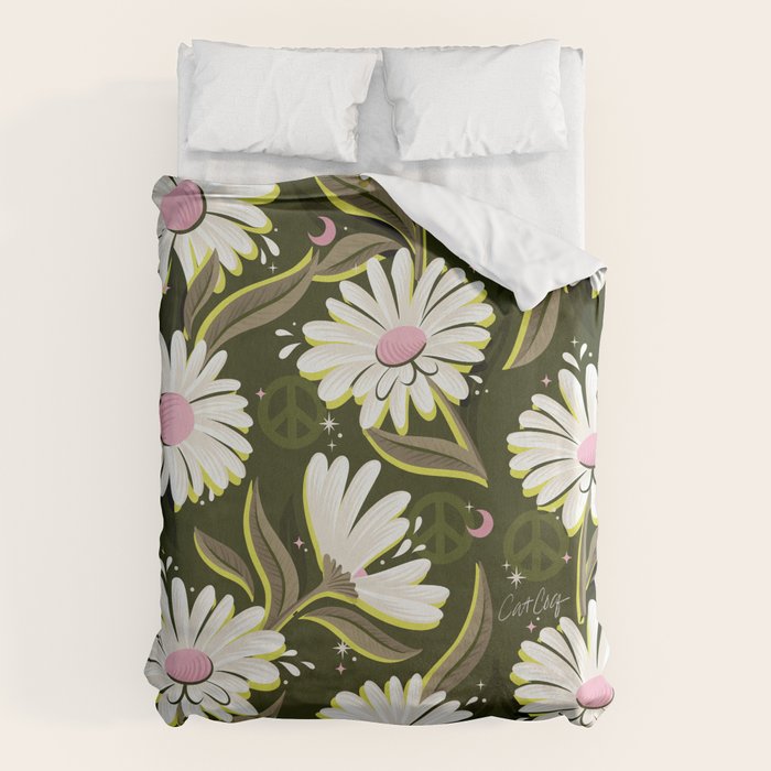 Drippy Daisy Dreamscape - Pink on Olive Duvet Cover Gallery Image 1
