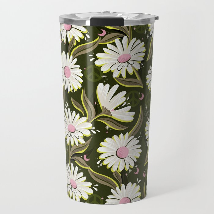 Drippy Daisy Dreamscape - Pink on Olive Travel Mug Gallery Image 1