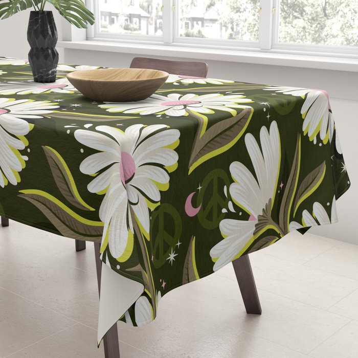 Drippy Daisy Dreamscape - Pink on Olive Tablecloth Gallery Image 3