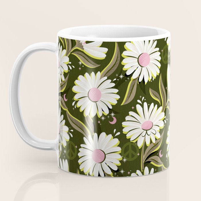 Drippy Daisy Dreamscape - Pink on Olive Coffee Mug Gallery Image 3