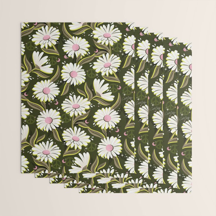 Drippy Daisy Dreamscape - Pink on Olive Wrapping Paper Gallery Image 3