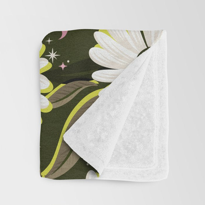 Drippy Daisy Dreamscape - Pink on Olive Throw Blanket Gallery Image 3