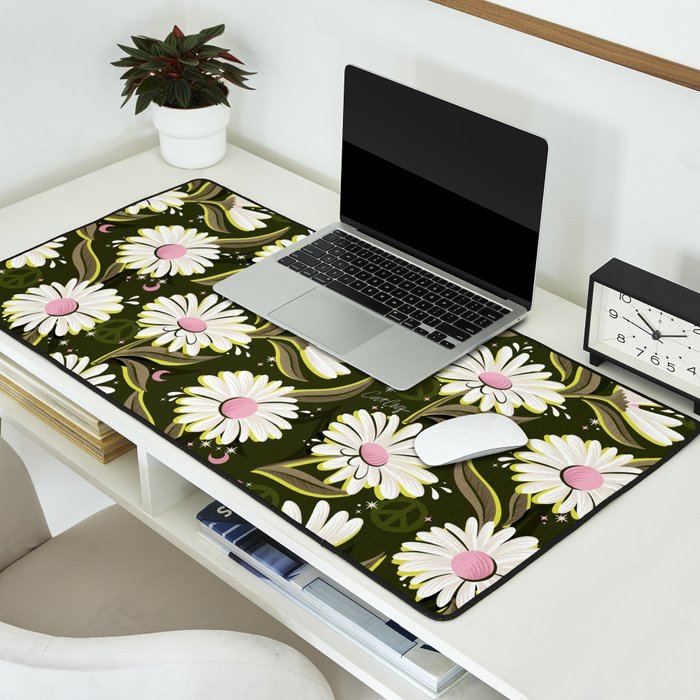 Drippy Daisy Dreamscape - Pink on Olive Desk Mat Gallery Image 2