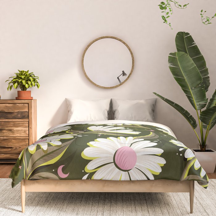 Drippy Daisy Dreamscape - Pink on Olive Comforter Gallery Image 3