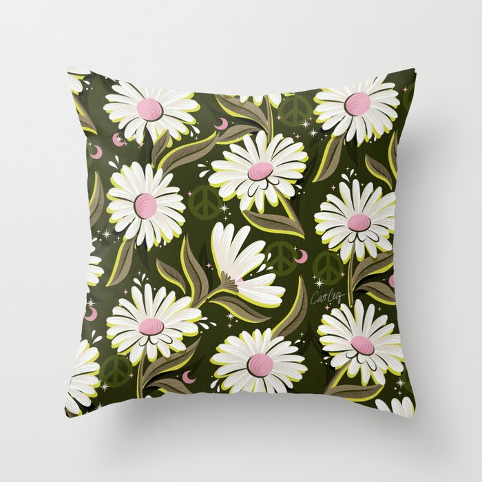 Drippy Daisy Dreamscape - Pink on Olive Throw Pillow Gallery Image 6