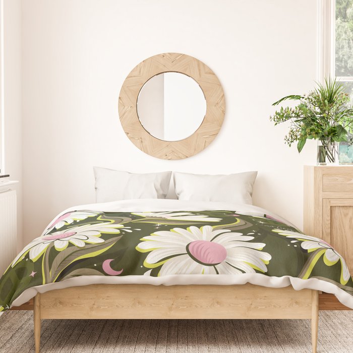 Drippy Daisy Dreamscape - Pink on Olive Duvet Cover Gallery Image 3