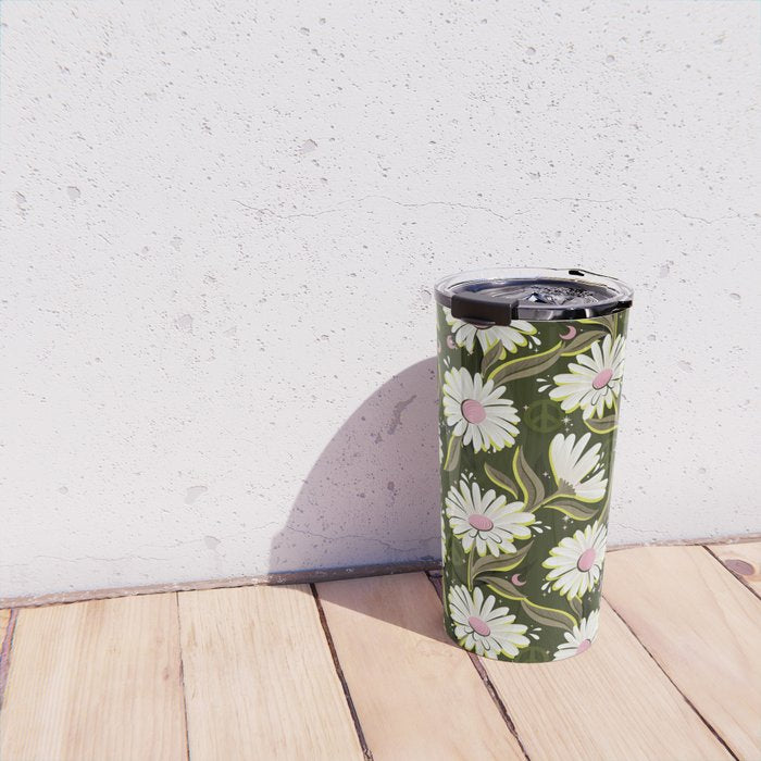 Drippy Daisy Dreamscape - Pink on Olive Travel Mug Gallery Image 4