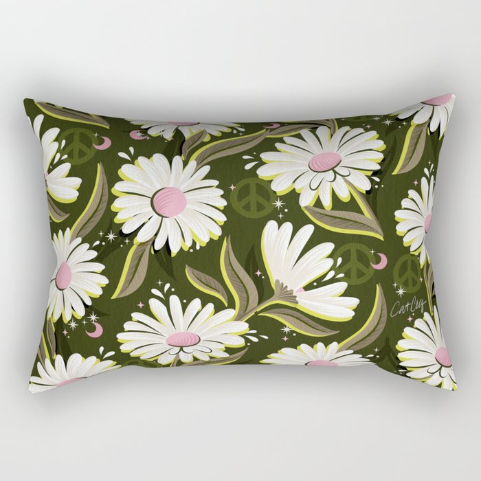 Drippy Daisy Dreamscape - Pink on Olive Rectangular Pillow Gallery Image 2