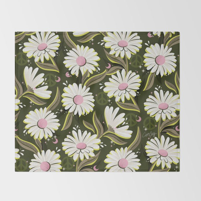 Drippy Daisy Dreamscape - Pink on Olive Throw Blanket Gallery Image 2