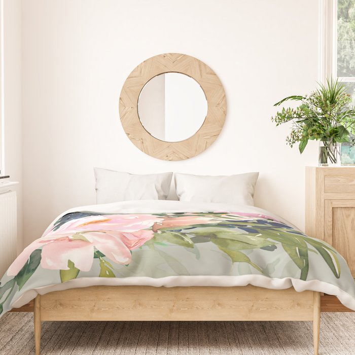 Festive, Floral Watercolor Rose Bouquet, Green and Pink Duvet Cover Gallery Image 3