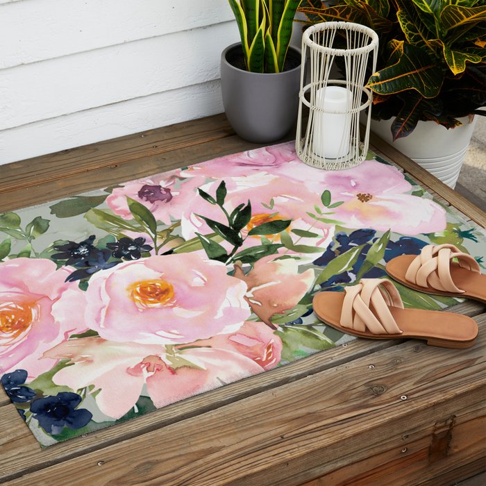 Festive, Floral Watercolor Rose Bouquet, Green and Pink Outdoor Rug Gallery Image 2