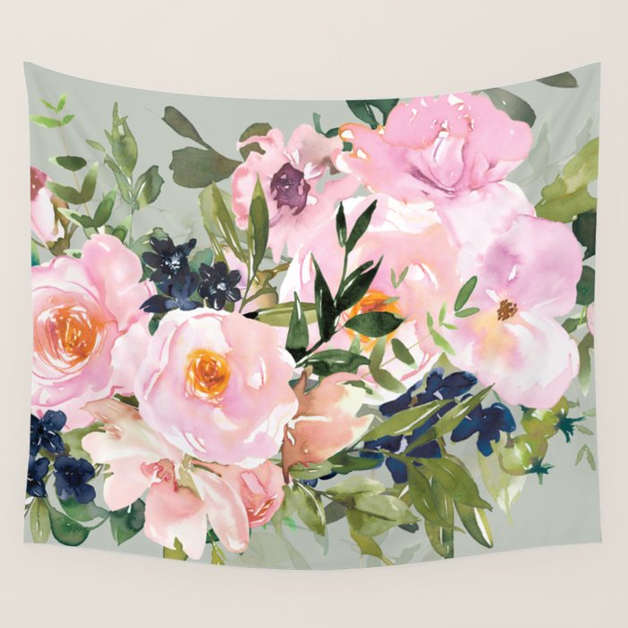 Festive, Floral Watercolor Rose Bouquet, Green and Pink Wall Tapestry Gallery Image 1
