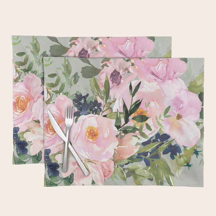 Festive, Floral Watercolor Rose Bouquet, Green and Pink Placemat Gallery Image 1