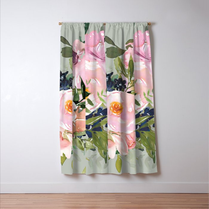 Festive, Floral Watercolor Rose Bouquet, Green and Pink Window Curtain Gallery Image 3