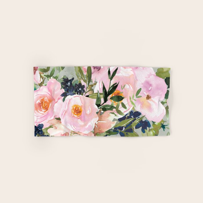 Festive, Floral Watercolor Rose Bouquet, Green and Pink Bath Towel Gallery Image 1