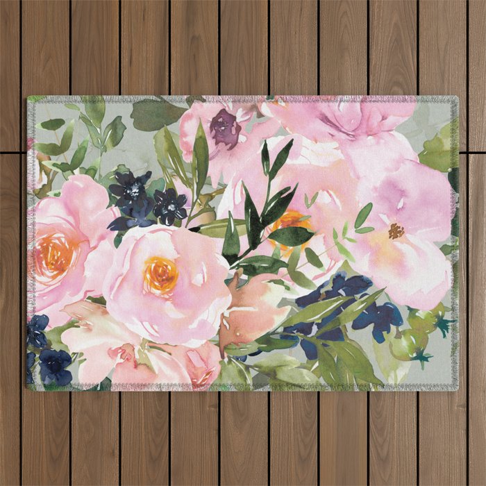 Festive, Floral Watercolor Rose Bouquet, Green and Pink Outdoor Rug Gallery Image 1