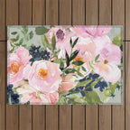 Festive, Floral Watercolor Rose Bouquet, Green and Pink Outdoor Rug Gallery Image 1