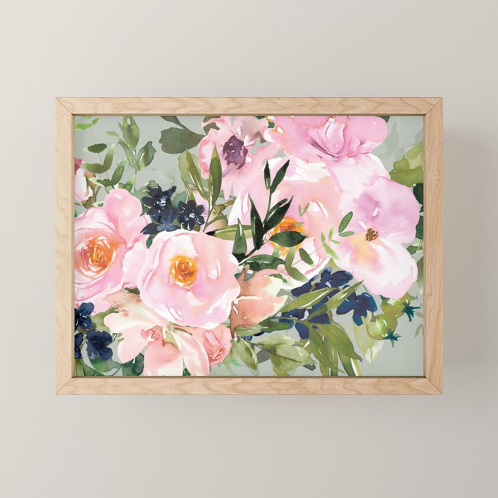 Festive, Floral Watercolor Rose Bouquet, Green and Pink Mini Art Print
