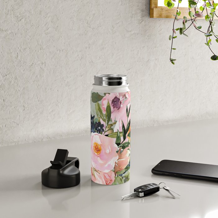 Festive, Floral Watercolor Rose Bouquet, Green and Pink Water Bottle Gallery Image 4